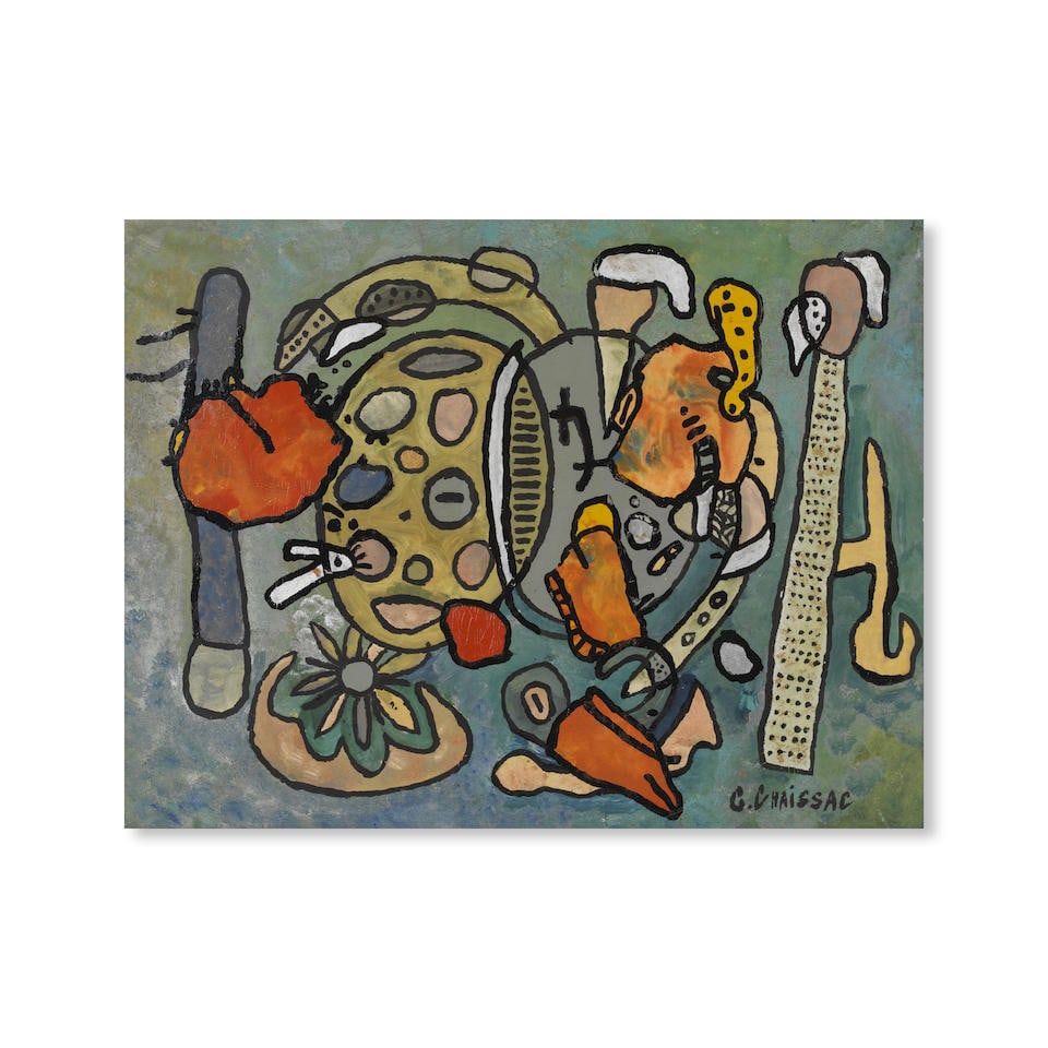 GASTON CHAISSAC (1910-1964) Composition circa 1960: GASTON CHAISSAC (1910-1964) Composition circa 1960 signé huile, acrylique et gouache sur papier marouflé sur toile signed oil, acrylic and gouache on paper laid on canvas 48 x 63.2 cm. 18 7/