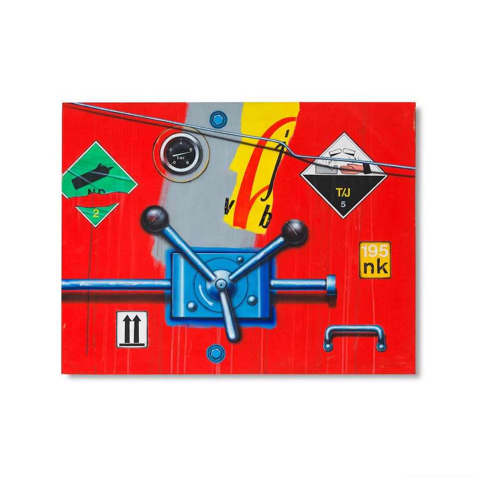 PETER KLASEN (N. 1935) Corrosif / non potable 195 nk 1998: PETER KLASEN (N. 1935) Corrosif / non potable 195 nk 1998 signé, titré, daté 1998 et inscrit En hommage au génie de Pioline au revers acrylique, peinture aérosol et pochoir s