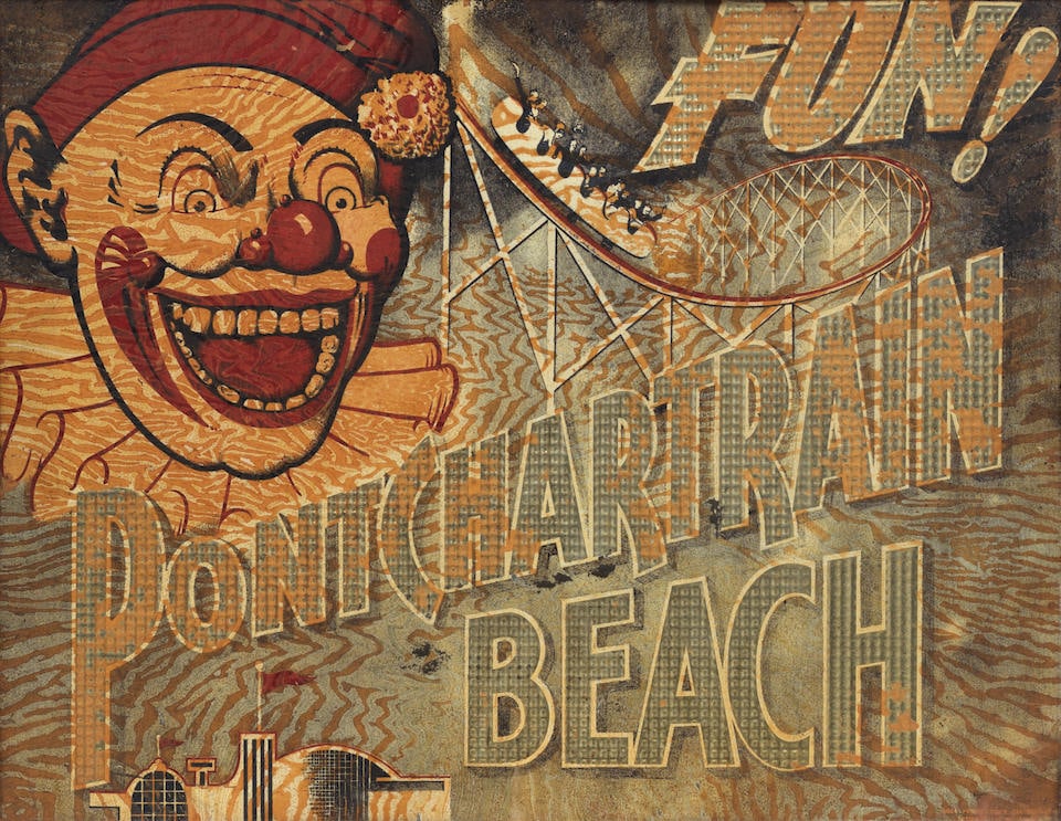 An American pressed metal and painted advertising sign for the New Orleans amusement park Pontch...: An American pressed metal and painted advertising sign for the New Orleans amusement park Pontchartrain Beach Second or third quarter 20th century Painted with a laughing Clown face with the words ham