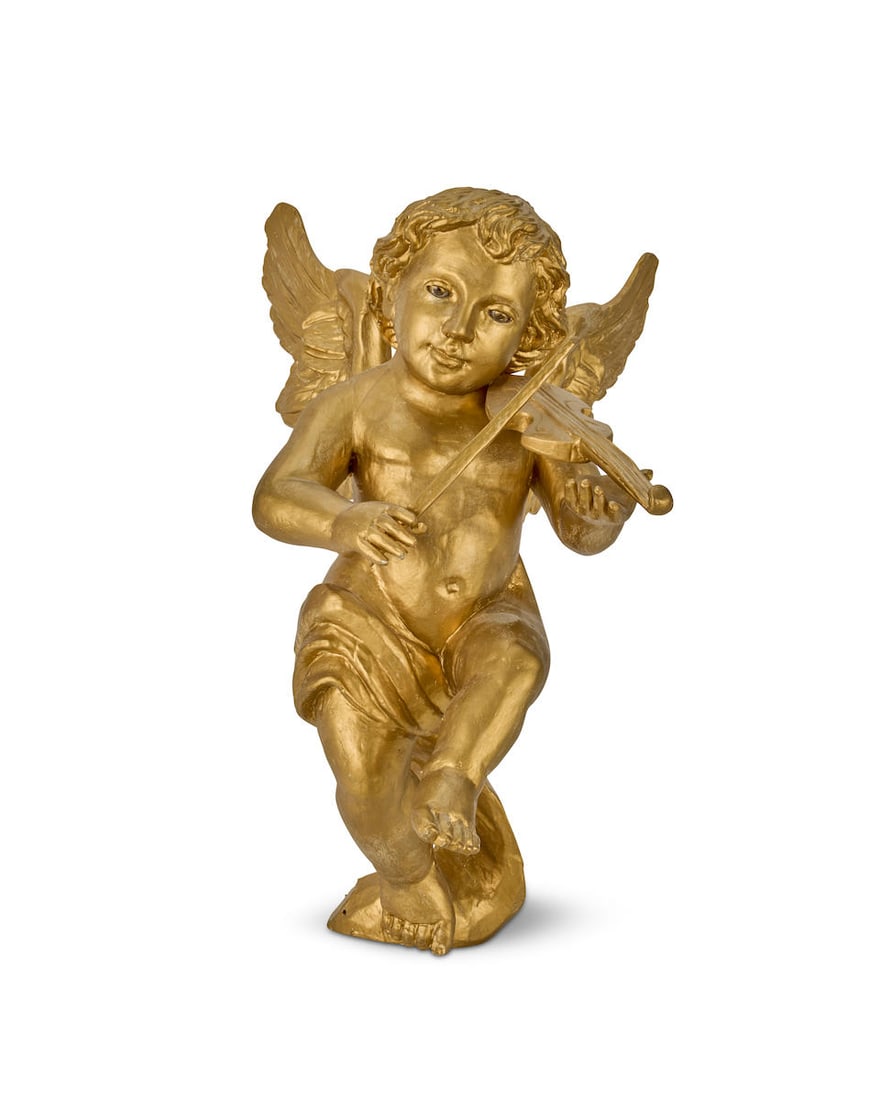 An English carved and later gilded figure of a putti In the manner of Orton & Spooner, circa 1910: An English carved and later gilded figure of a putti In the manner of Orton & Spooner, circa 1910 Probably from an organ, the figure with glass eyes and playing the violin, 36cm wide, 42.5cm deep, 66c