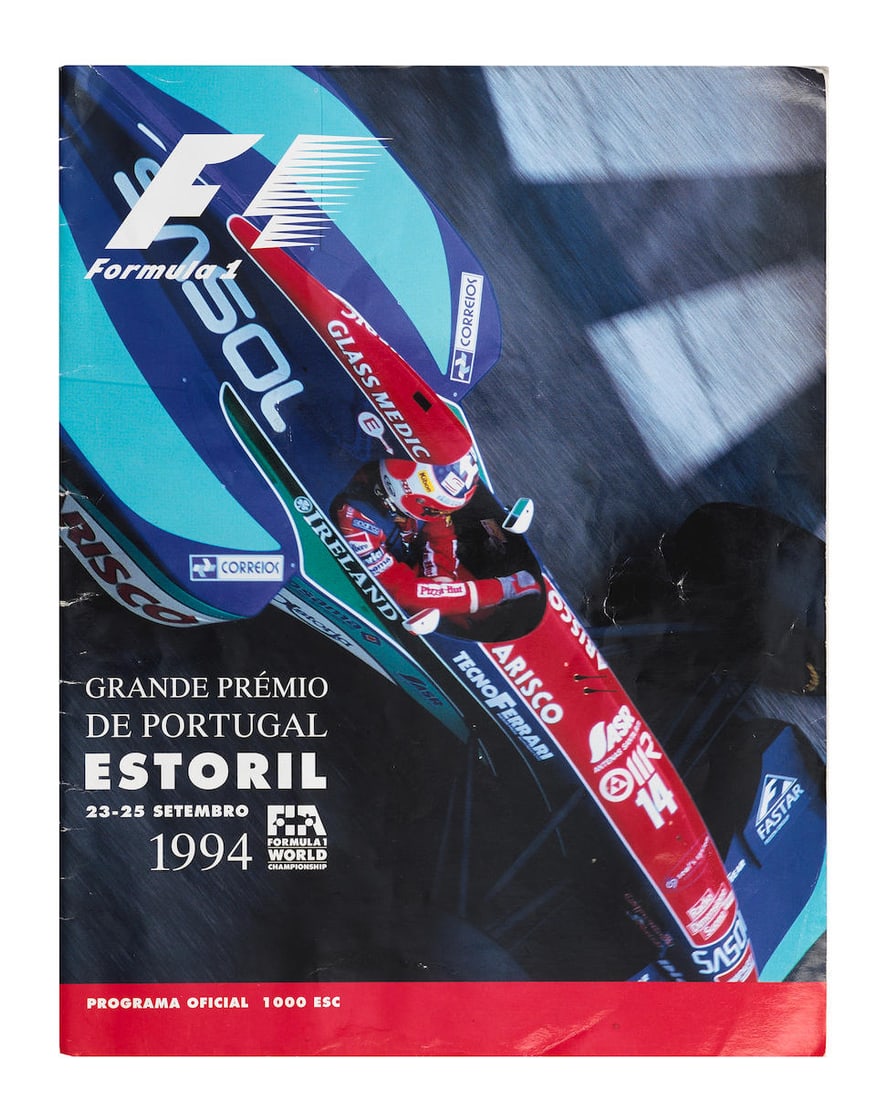 A signed 1994 Estoril Grand Prix F1 event programme,: A signed 1994 Estoril Grand Prix F1 event programme, comprising signatures of David Coulthard, Ukyo Katayama, Mark Blundell, JJ Lehto, Martin Brundle, Christian Fittipaldi, Philippe Adams, Rubens Barr