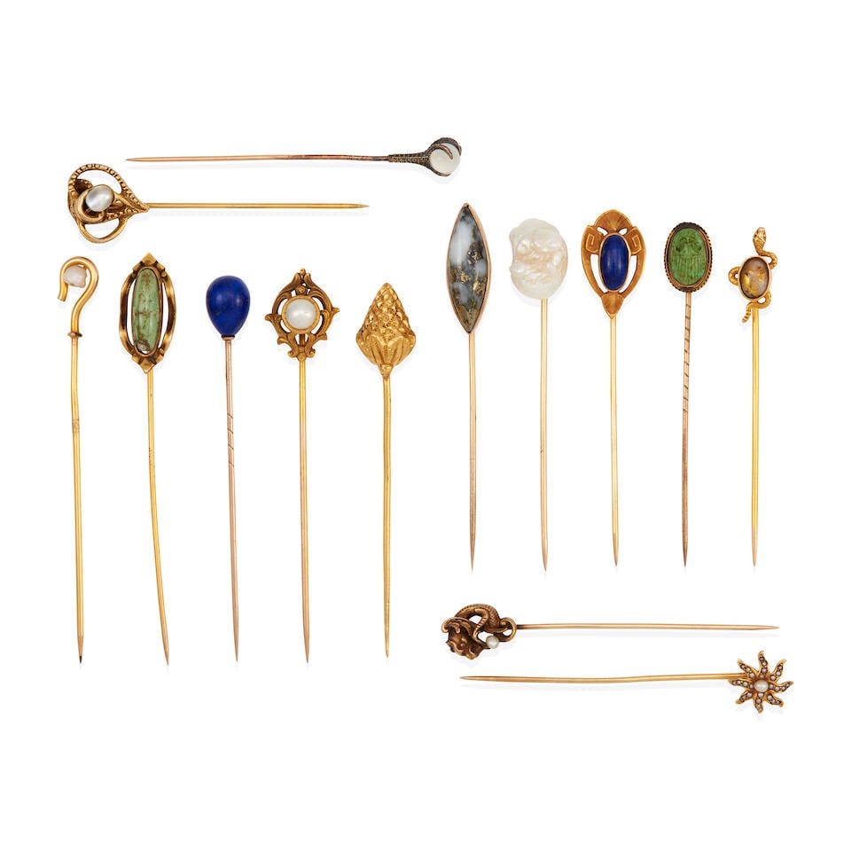 GROUP OF GOLD, GOLD-PLATE AND GEM-SET STICK PINS (1 of 2)