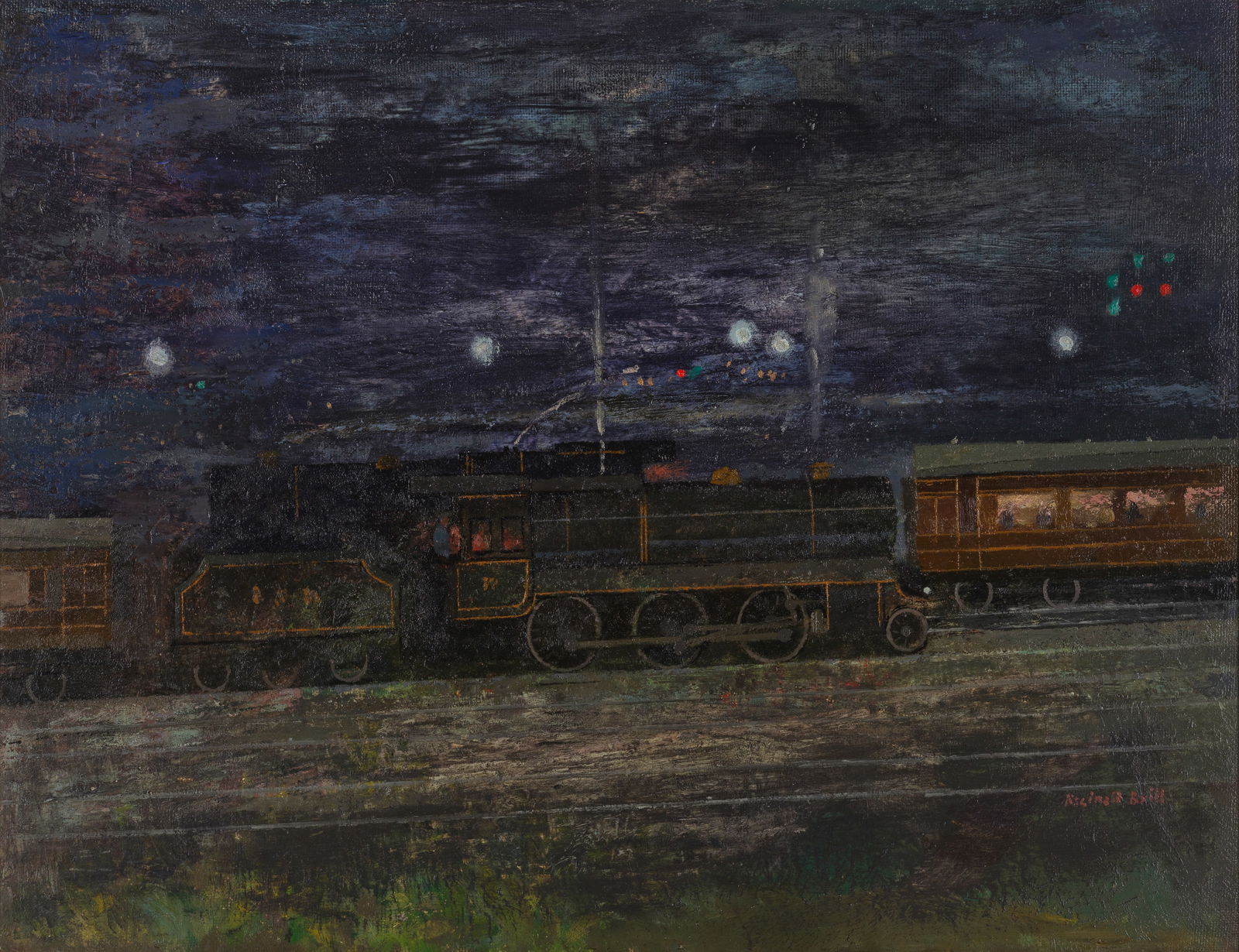 Reginald Brill (British, 1902-1974) Locomotives: Reginald Brill (British, 1902-1974) Locomotives signed 'Reginald Brill' (lower right) oil on canvasboard 51.5 x 67cm (20 1/4 x 26 3/8in). Footnotes: Provenance Kingston College of