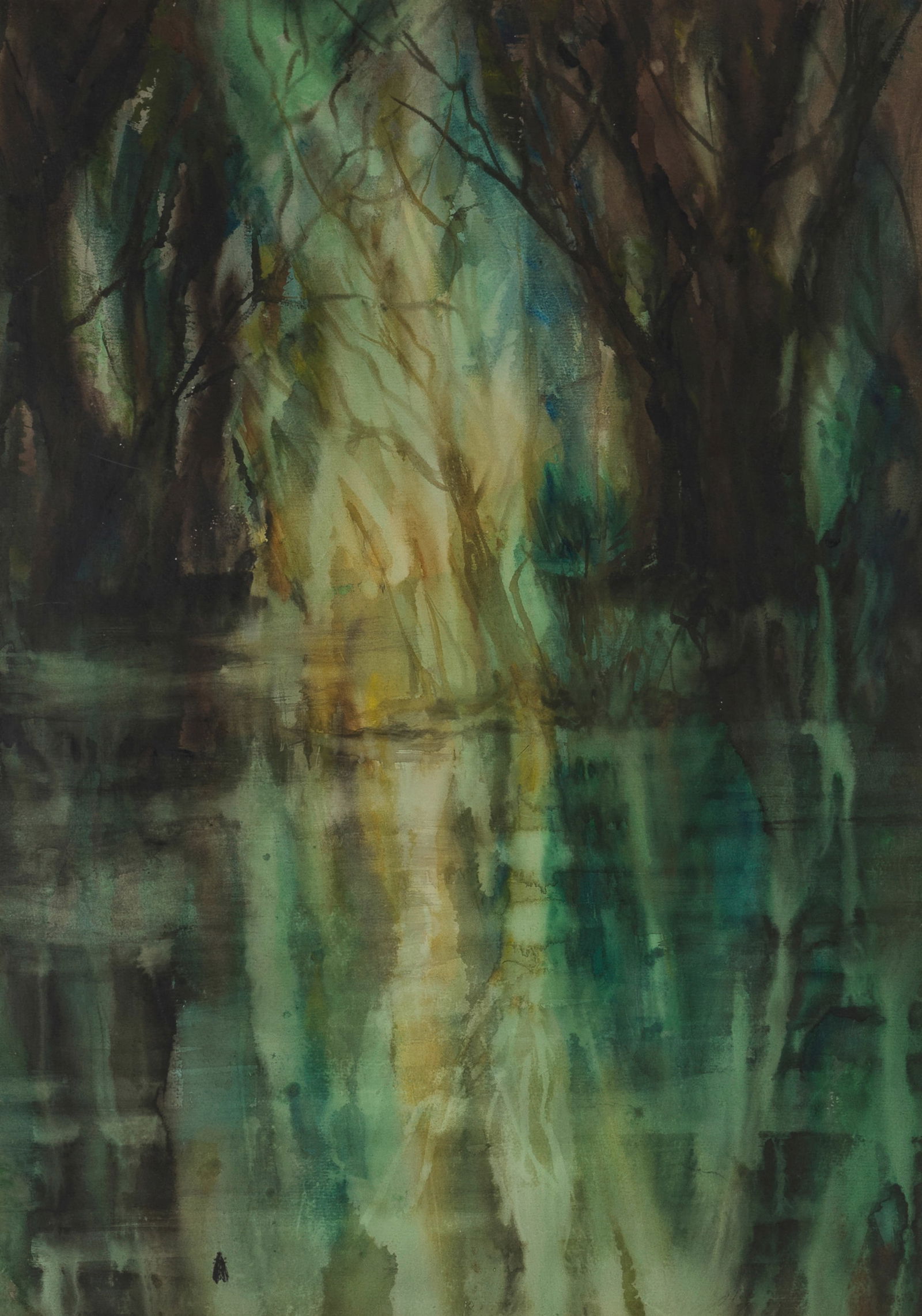 Helen Bradley (British, 1900-1979) The Mountains and Trees Float on the Water of the Lake: Helen Bradley (British, 1900-1979) The Mountains and Trees Float on the Water of the Lake signed with fly insignia (lower left); further signed, dated and inscribed 'The Mountains and Trees/float on t