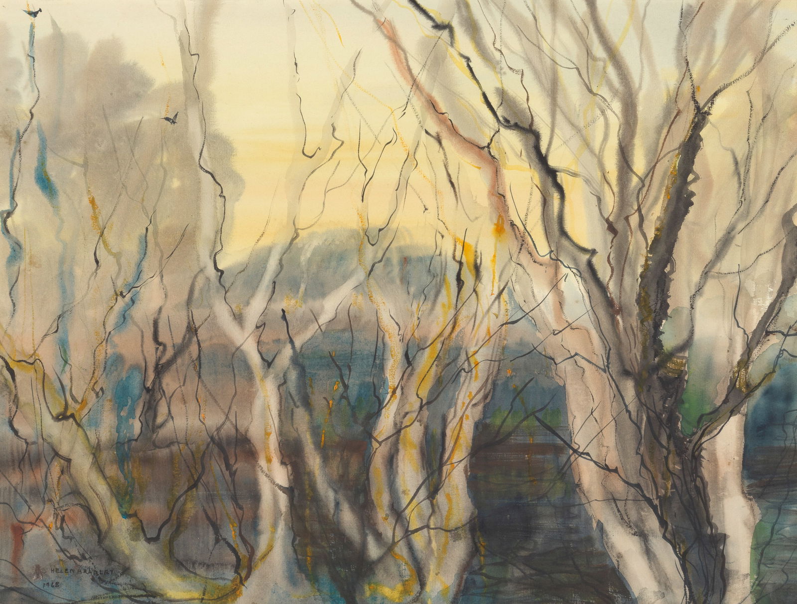Helen Bradley (British, 1900-1979) Woodland (together with a further watercolour on paper, of a ...: Helen Bradley (British, 1900-1979) Woodland signed and dated 'HELEN BRADLEY/1968' (lower left) watercolour and charcoal on paper 36 x 47.5cm (14 3/16 x 18 11/16in). together with a further watercolour