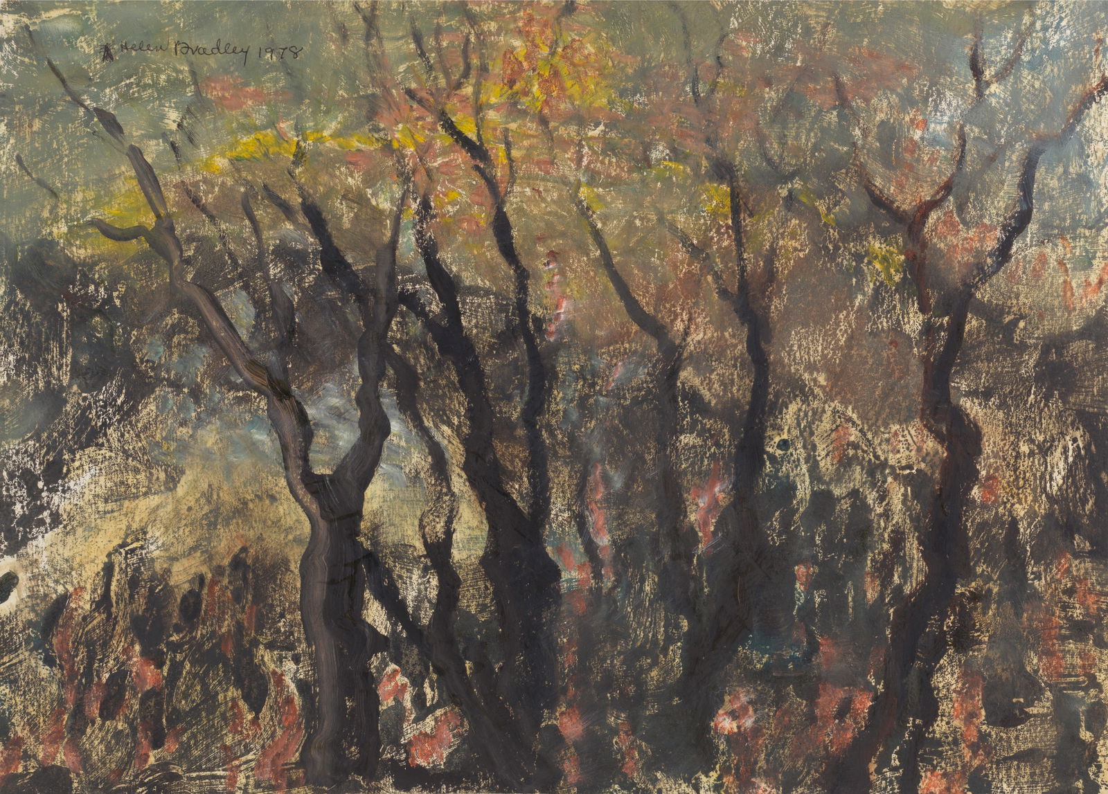 Helen Bradley (British, 1900-1979) The Sun Looked Down (unframed) (together with three further w...: Helen Bradley (British, 1900-1979) The Sun Looked Down signed, dated and with fly insignia 'Helen Bradley 1978' (upper left); further signed, dated and inscribed 'The sun looked down/The world of yest