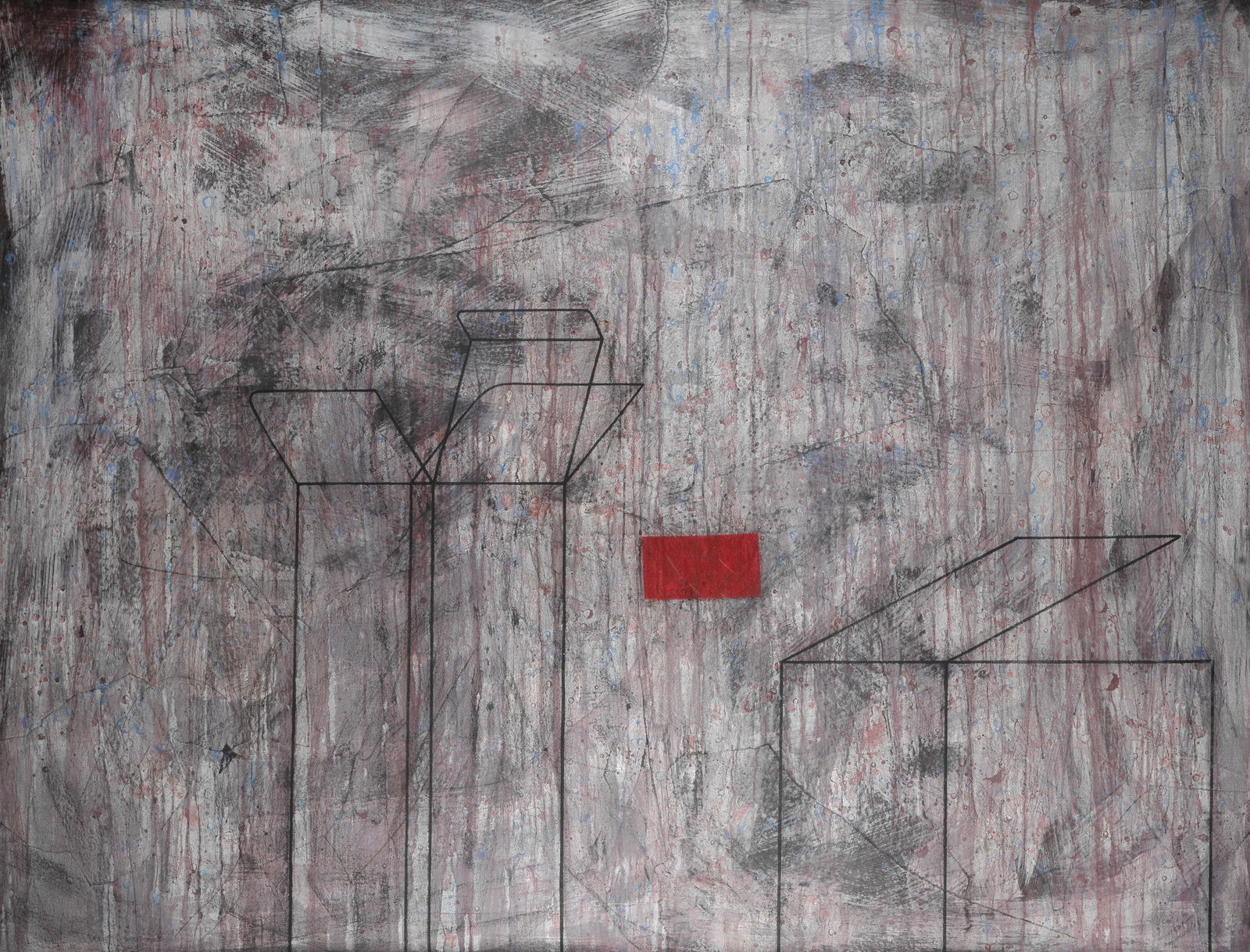 Derrick Greaves (British, 1927-2022) Two Boxes: Derrick Greaves (British, 1927-2022) Two Boxes signed, titled and dated 'TWO BOXES 1976 derrick Greaves' (on canvas overlap) acrylic, chalk and collage on canvas 159 x 208cm (62 5/8 x 81 7/8in). Foo