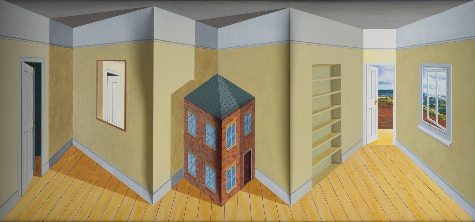 Patrick Hughes (British, born 1939) A Room in a House: Patrick Hughes (British, born 1939) A Room in a House signed, titled and dated 'A Room in a House/Patrick Hughes/1998' (to backboard) oil and pencil on board construction 59.5 x 126cm (23 7/16 x 49 5/