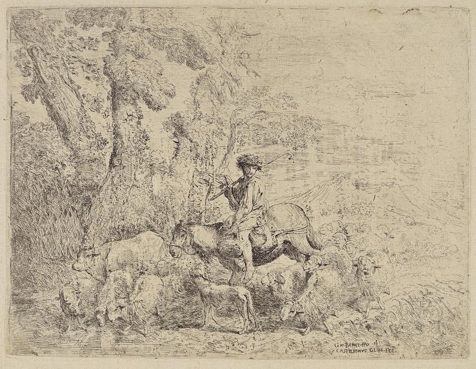 Giovanni Benedetto Castiglione (Italian, 1609-1664) Young man with his head leaning against his ...: Giovanni Benedetto Castiglione (Italian, 1609-1664) Young man with his head leaning against his shoulder, wearing a plumed headdress, from Small Studies of Heads in Oriental Headdresses; Young herdsma