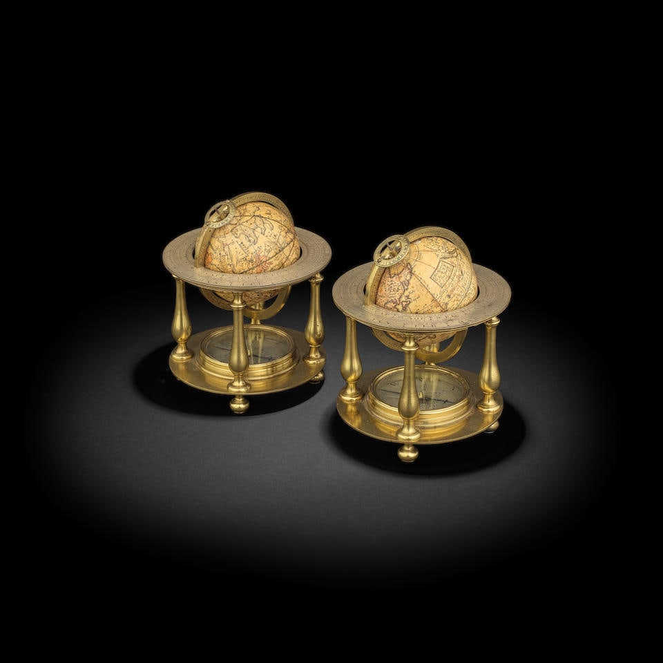 An outstanding pair of John Senex 2 3/4-inch globes on presentation stands, English, mid 18th c...: An outstanding pair of John Senex 2 3/4-inch globes on presentation stands, English, mid 18th century, cartouche printed A New & Correct GLOBE of the Earth by I.Senex F.R.S., stands attributed to Geor