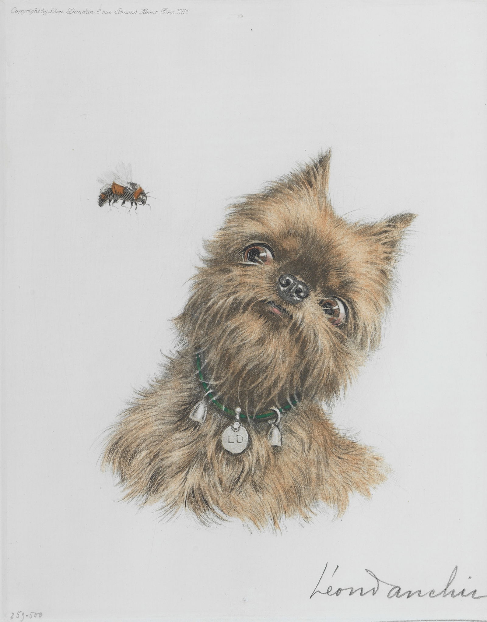Léon Danchin (French, 1887-1938) Griffon Bruxellois and a bee plate 24 x 20cm (9 7/16 x 7 7...: Léon Danchin (French, 1887-1938) Griffon Bruxellois and a bee signed in pencil 'Leon Danchin' (lower right), editioned in pencil '259-500' (lower left) lithograph plate 24 x 20cm (9 7/16 x 7 7/8i