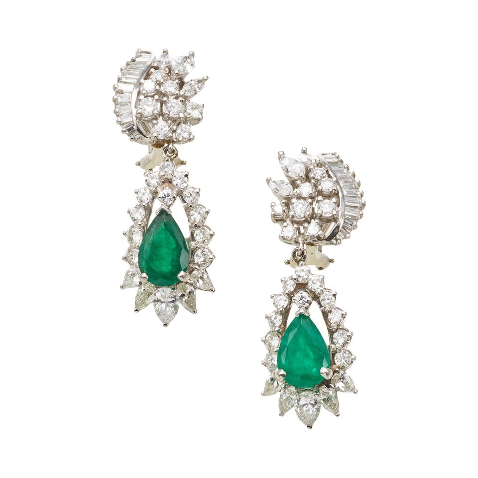 A PAIR OF PLATINUM, DIAMOND AND EMERALD EARCLIPS (1 of 2)