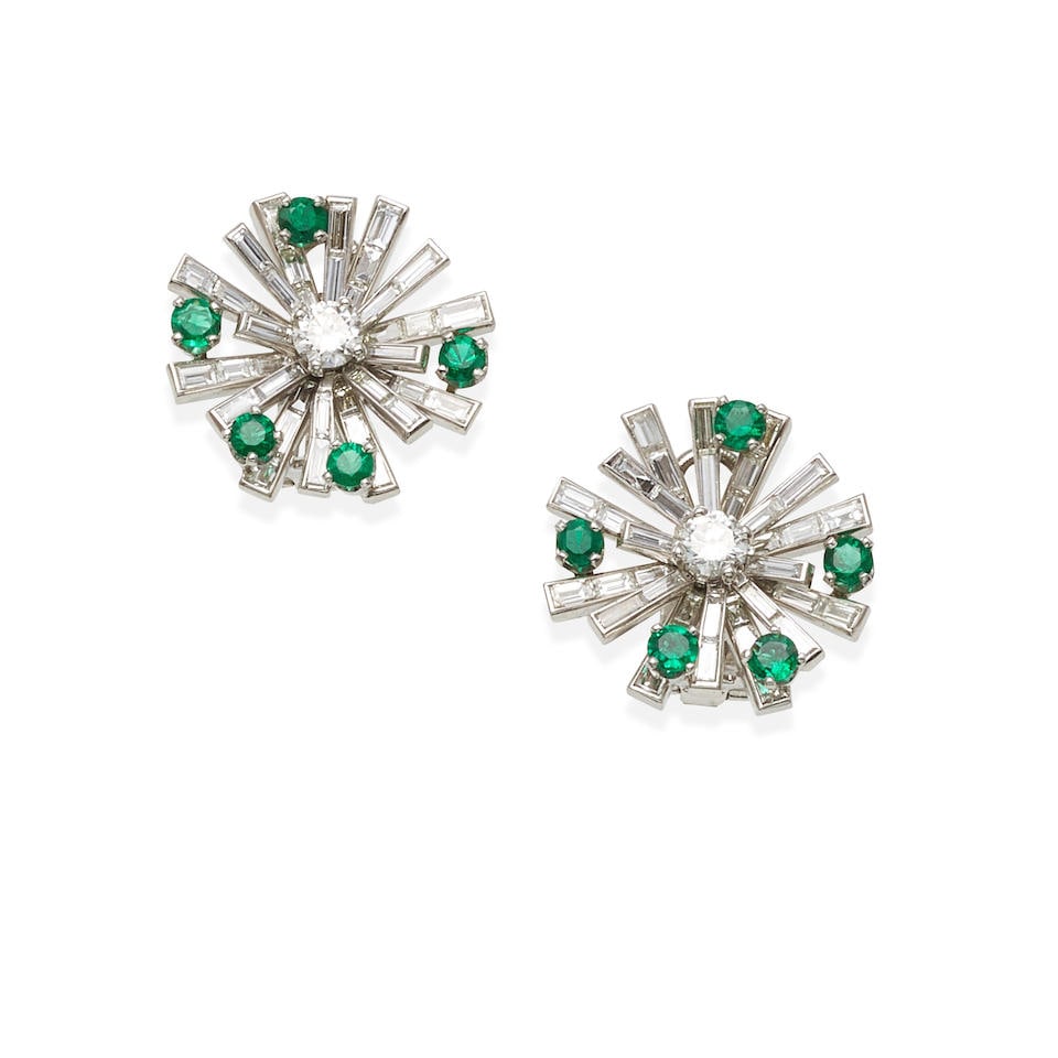 A PAIR OF PLATINUM, DIAMOND AND EMERALD EARCLIPS (1 of 2)
