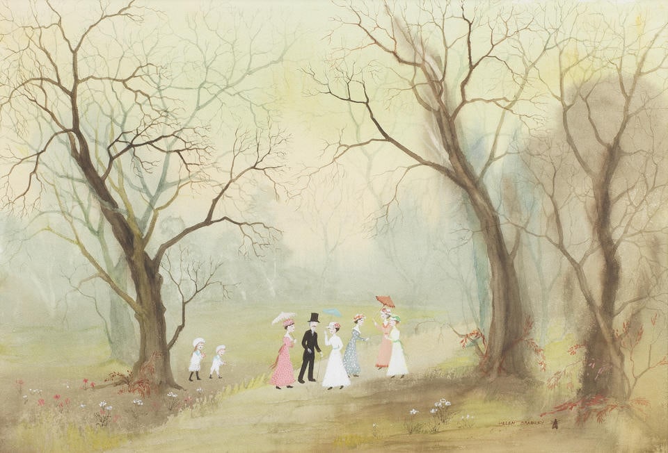 Helen Bradley (British, 1900-1979) One Warm Afternoon Grandpa said 'Would you all like to drive ...: Helen Bradley (British, 1900-1979) One Warm Afternoon Grandpa said 'Would you all like to drive with me to Rawcliffe Hall' signed 'HELEN BRADLEY' and with fly insignia (lower right); inscribed 'One wa