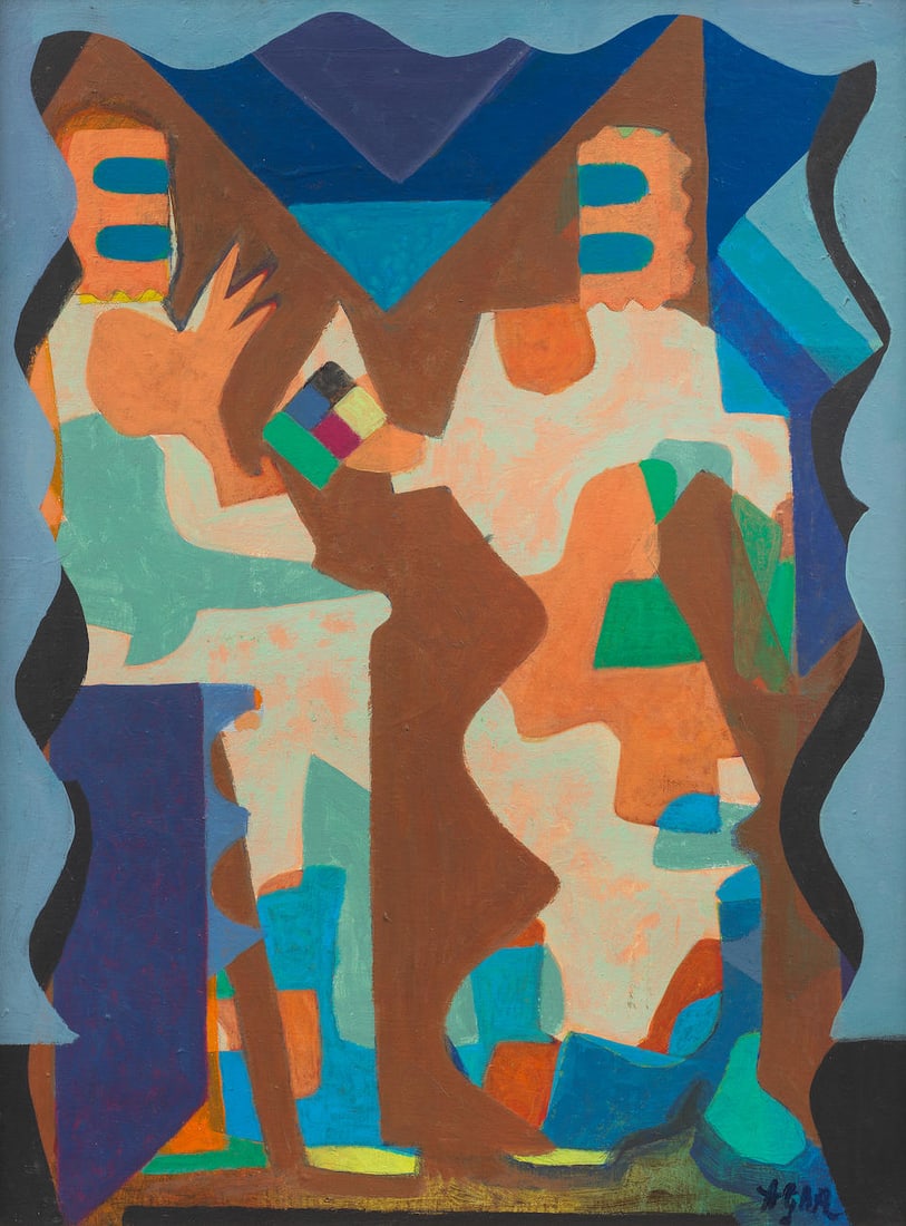Eileen Agar (British, 1899-1991) Two seated figures 61 x 45.8 cm. (24 x 18 in.): Eileen Agar (British, 1899-1991) Two seated figures signed 'AGAR' (lower right); further signed and dated 'AGAR/1967' (verso) oil on canvas 61 x 45.8 cm. (24 x 18 in.) Footnotes: Provenance Bernard St