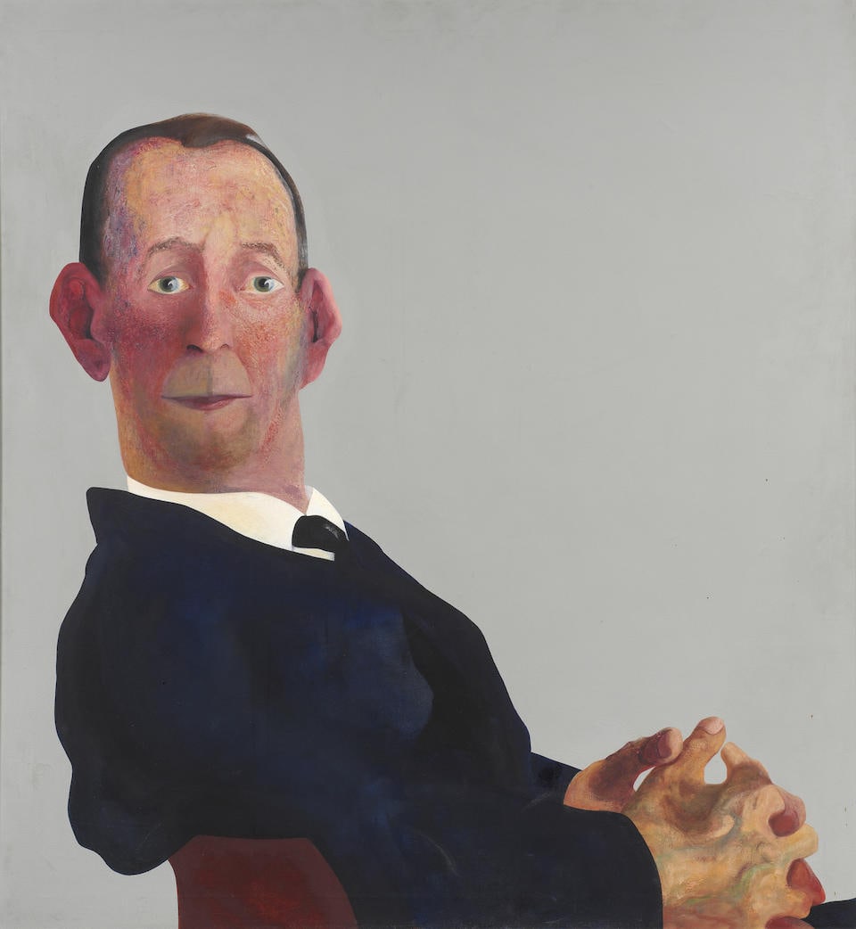 Maggi Hambling (British, born 1945) Con in the Gallery 111.8 x 102 cm. (44 x 40 1/8 in.): Maggi Hambling (British, born 1945) Con in the Gallery signed and dated 'MAGGI/HAMBLING/1973' (verso) oil on canvas 111.8 x 102 cm. (44 x 40 1/8 in.) Footnotes: Provenance Toby Jessel, Esq., M.P. His