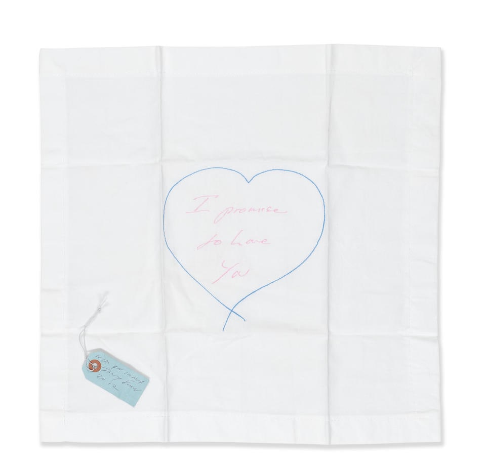 Dame Tracey Emin (British, born 1963) I Promise to Love You - Napkin (Pink and Blue) Embroidered... (1 of 2)