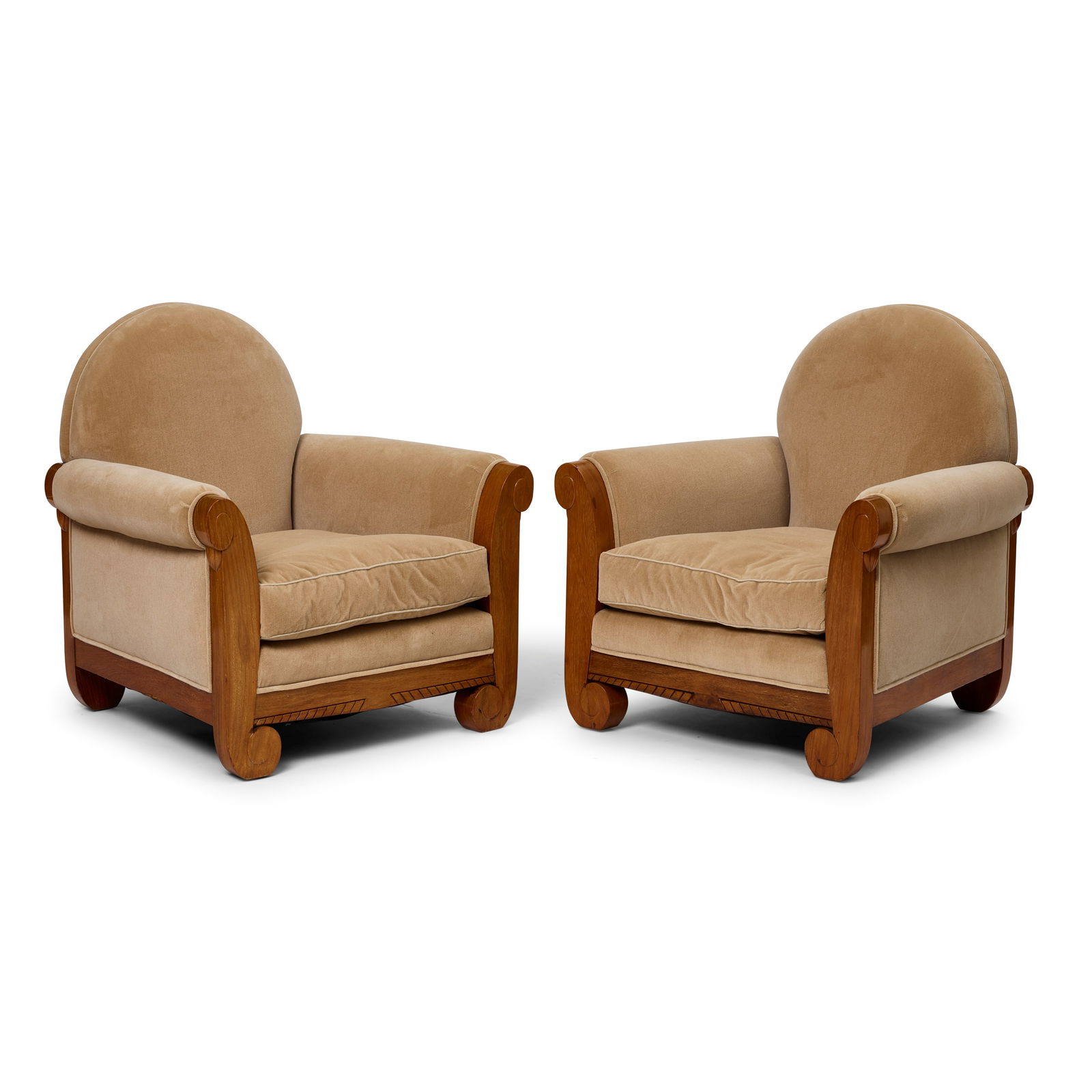 LOUIS SÜE (1875-1968) AND ANDRE MARE (1885-1932) Pair of Armchairscirca 1920mahogany, velve...: LOUIS SÜE (1875-1968) AND ANDRE MARE (1885-1932) Pair of Armchairs circa 1920 mahogany, velvet height 34 1/4in (87cm); width 32 1/4in (82cm); depth 29 1/4in (74.5cm) Footnotes: Provenance Private