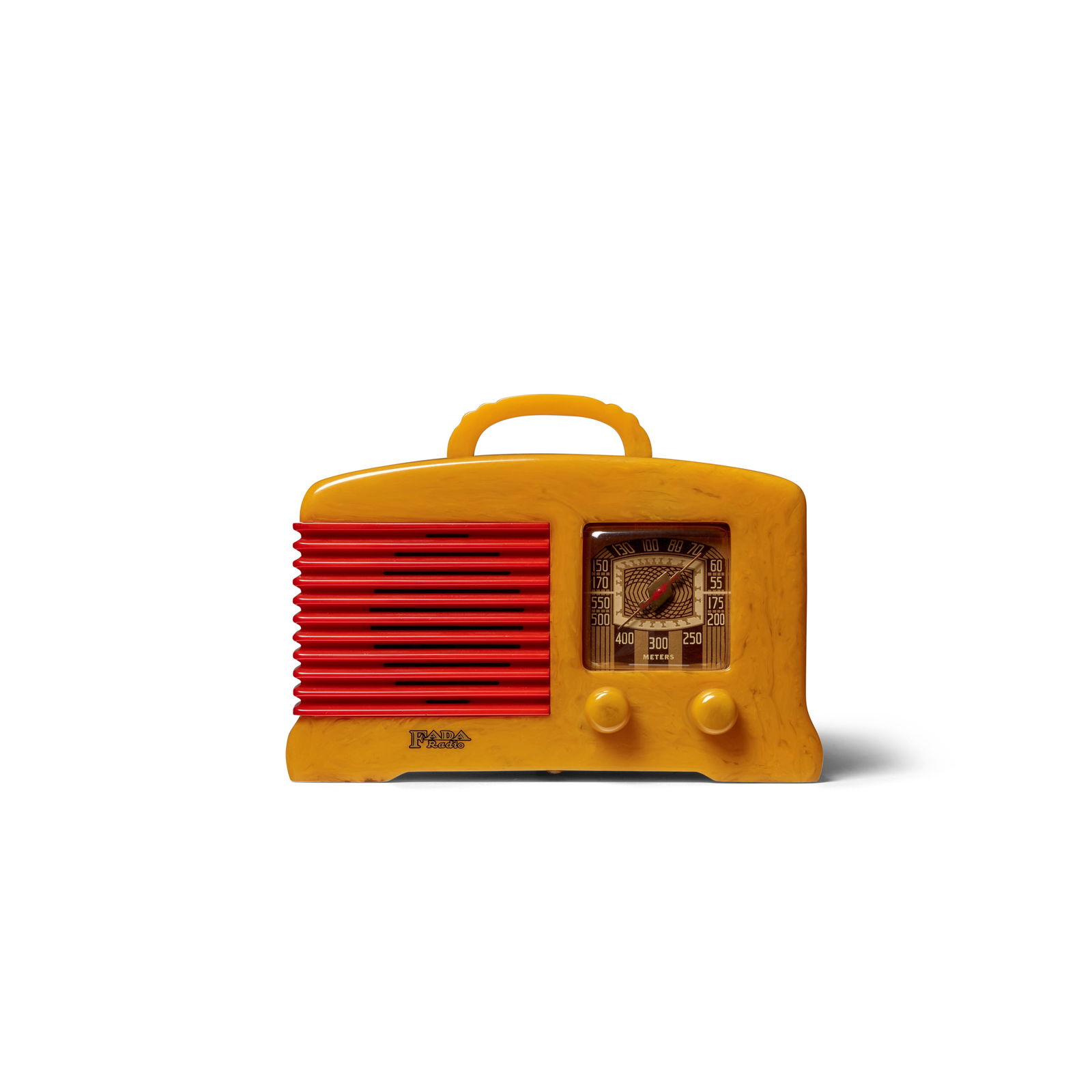 FADA L56 Radio1939 yellow catalin case with yellow knobs and handle and red grille height 6 1/2i... (1 of 6)