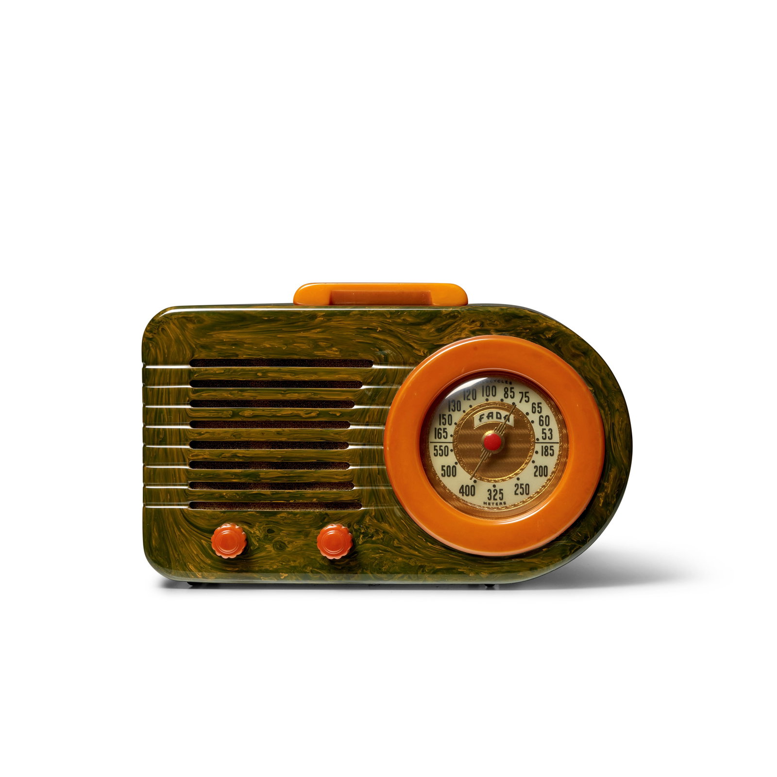 FADA 1000 Bullet Radio 1945 marbleized blue catalin case with yellow knobs, dial and handle heig... (1 of 6)