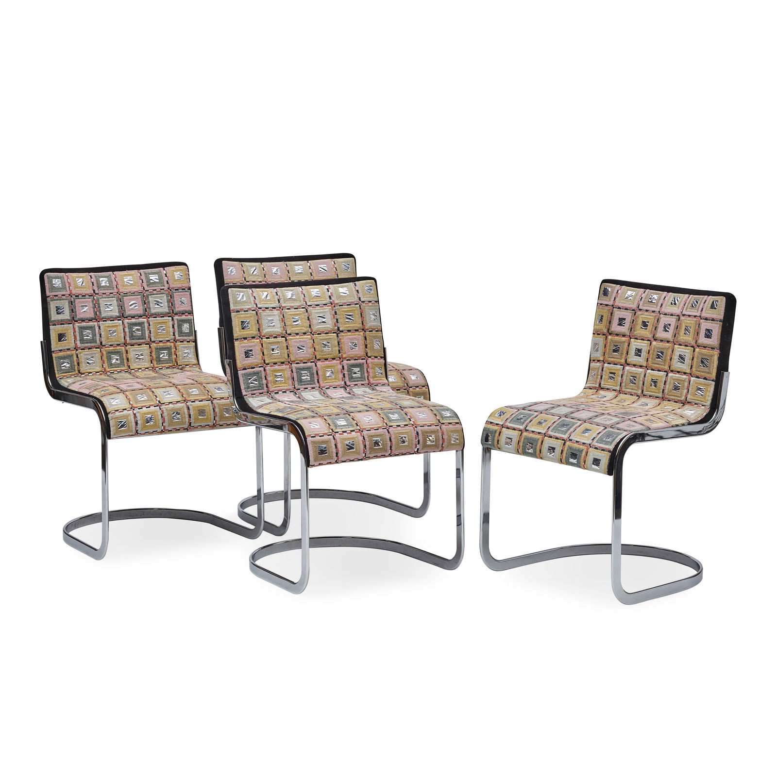 STYLE OF MILO BAUGHMAN (1923-2003) Set of Four Dining ChairsJack Lenor Larsen Magnum upholstery,...: STYLE OF MILO BAUGHMAN (1923-2003) Set of Four Dining Chairs Jack Lenor Larsen Magnum upholstery, chromed metal height 31in (79cm); width 19in (48.5cm); depth 23in (59cm) Footnotes: Provenance Propert