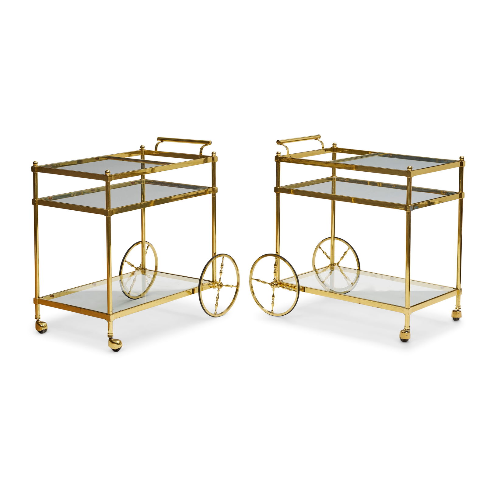 ITALIAN Pair of Bar Cartscirca 1980brass, glassheight of each 30 1/2in (77.4cm); width 29 1/2in ... (1 of 2)