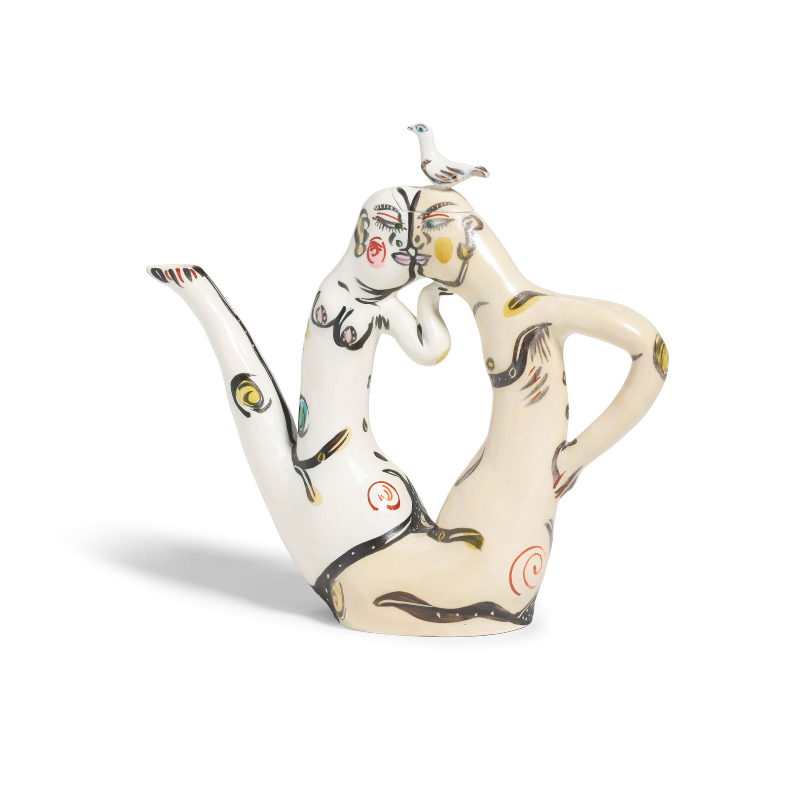 AKIO TAKAMORI (1950-2017) Lovers Teapot1991glazed and painted porcelain, signed 'Akio'height 10i...: AKIO TAKAMORI (1950-2017) Lovers Teapot 1991 glazed and painted porcelain, signed 'Akio' height 10in (25.4cm); width 11 1/2in (29.2cm); depth 3 1/2in (8.9cm) Footnotes: The offered lot is being sold t