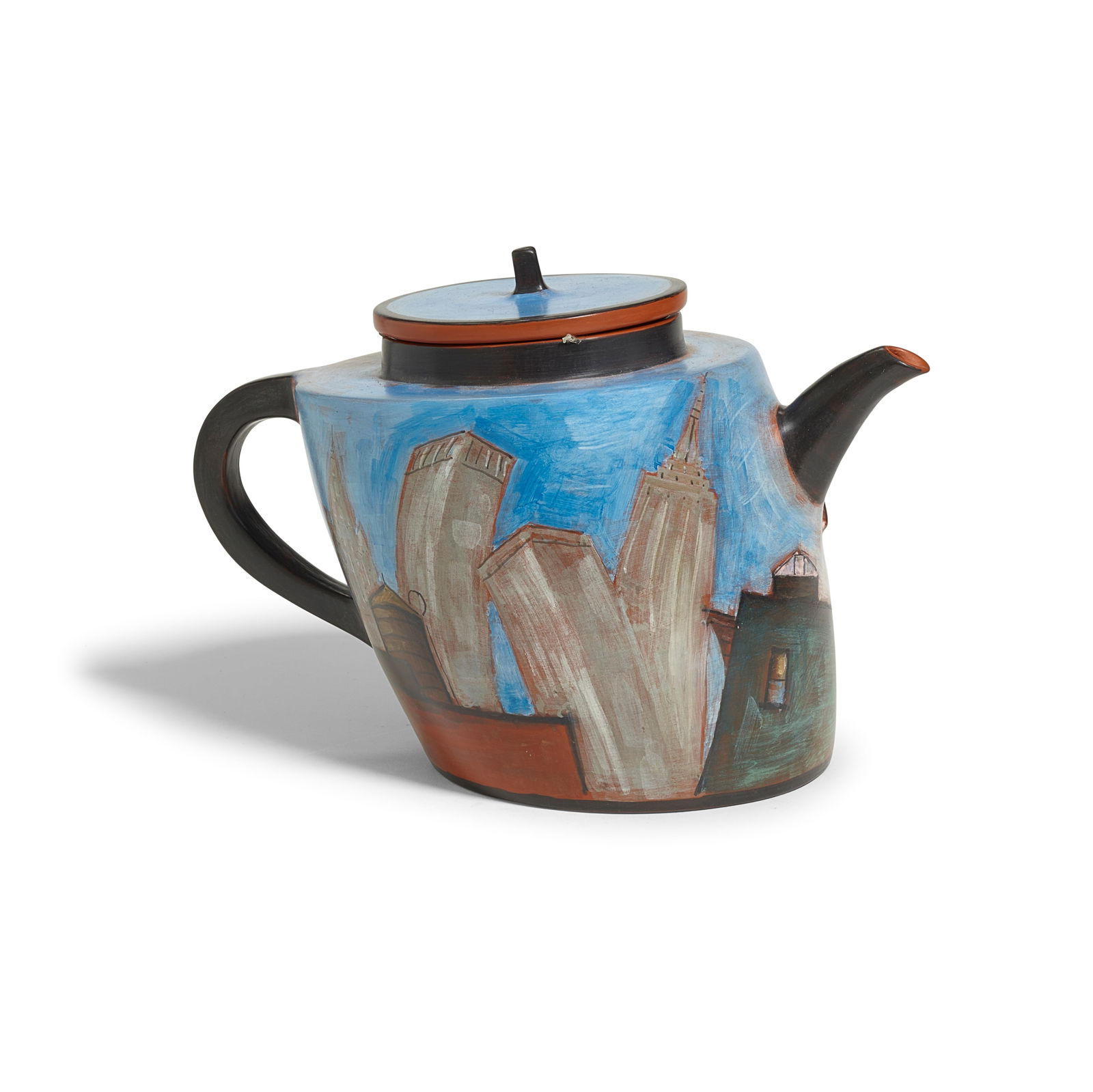 LYDIA BUZIO (BORN 1948) Roofscape Teapot XIII2003burnished and glazed earthenware, incised 'L. B...: LYDIA BUZIO (BORN 1948) Roofscape Teapot XIII 2003 burnished and glazed earthenware, incised 'L. Buzio LT 2003' within a triangle and further inscribed 'XIII 03' height 6 1/2in (16.5cm); width 9 3/4in