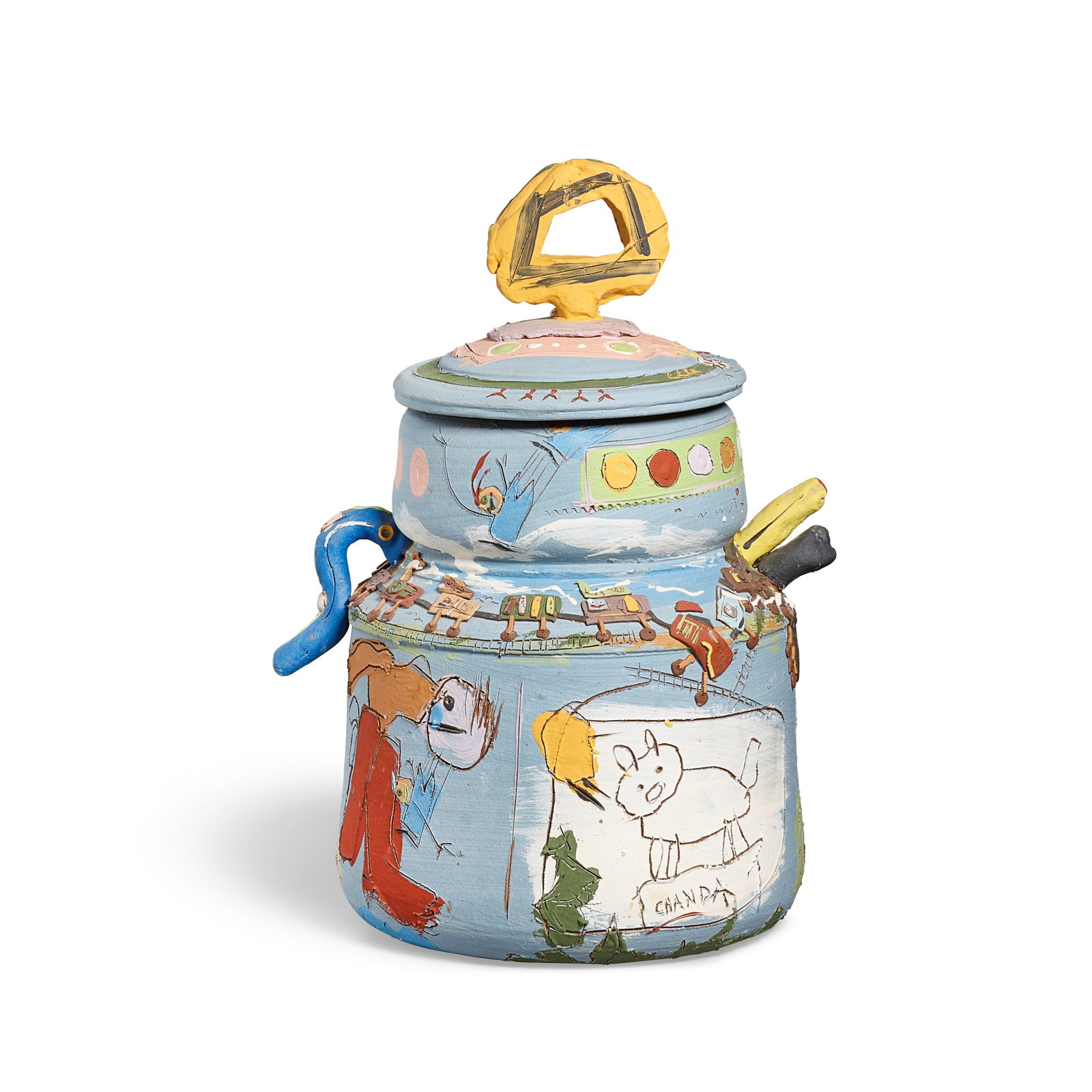 DON REITZ (1929-2014) I Did the Answer... What was the Question? Teapot-Form Covered Vessel1985g...: DON REITZ (1929-2014) I Did the Answer... What was the Question? Teapot-Form Covered Vessel 1985 glazed stoneware, incised 'REITZ' and titled height 16 1/8in (41cm); width 12in (30cm); depth 10in (25.