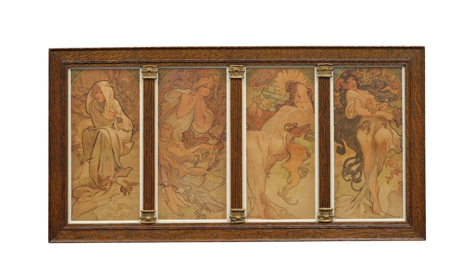 Alphonse Mucha (1860-1939); Les saisons (4 works);: Alphonse Mucha (1860-1939) Les saisons (4 works) (Rennert & Weill 37), 1897 Four lithographs in colors on wove paper, Rennert & Weill's 2nd (of 3) variant, each signed in the plate, printed by Imprime