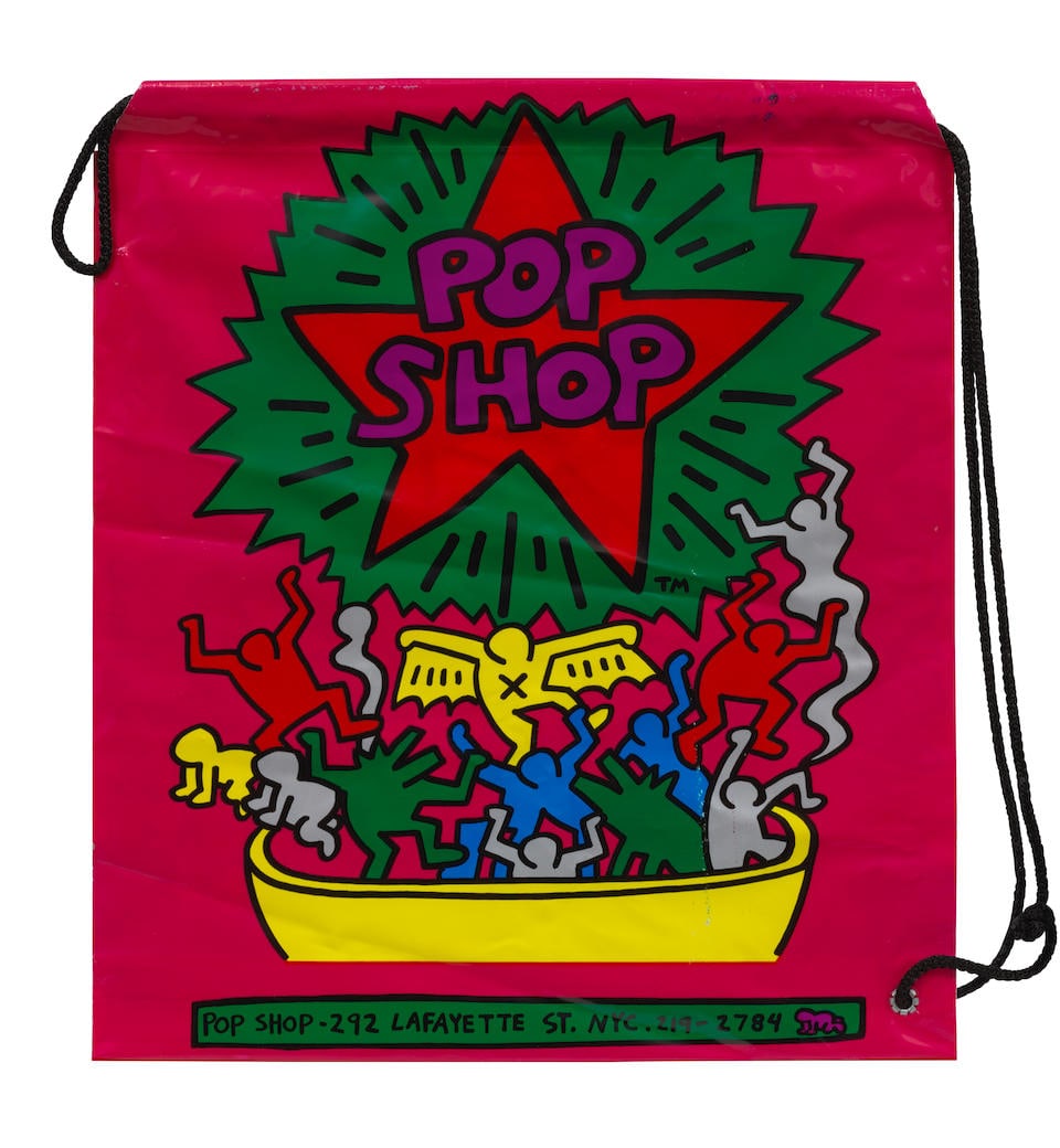 Keith Haring (1958-1990); Pop Shop Drawstring Bags (2 works);: Keith Haring (1958-1990) Pop Shop Drawstring Bags (2 works), 1986 Two double-sided screenprints on vinyl shopping bags with rope drawstring, each with printed signature, published by Pop Shop, New Yor