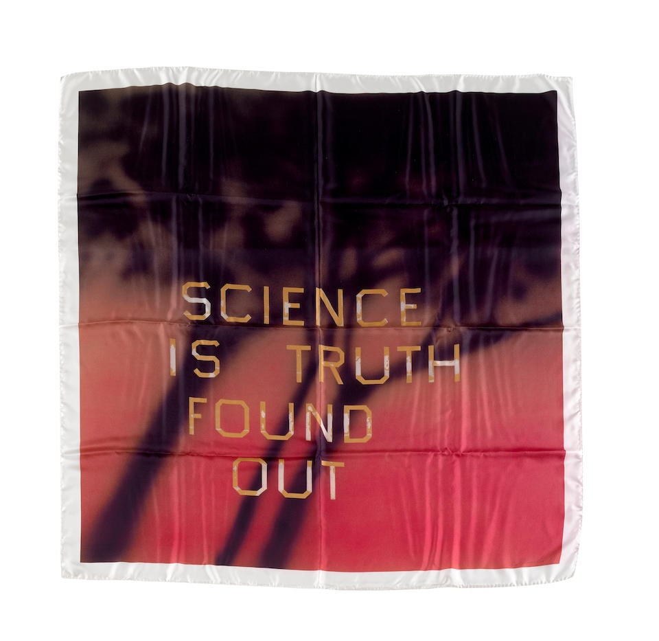 Ed Ruscha (born 1937); Science Is Truth Found Out (Red Scarf);: Ed Ruscha (born 1937) Science Is Truth Found Out (Red Scarf), 2022 Silk twill scarf in colors, with printed signature, numbered in black ink 282/500 on label, co-published by (Red)/Gagosian, New York,
