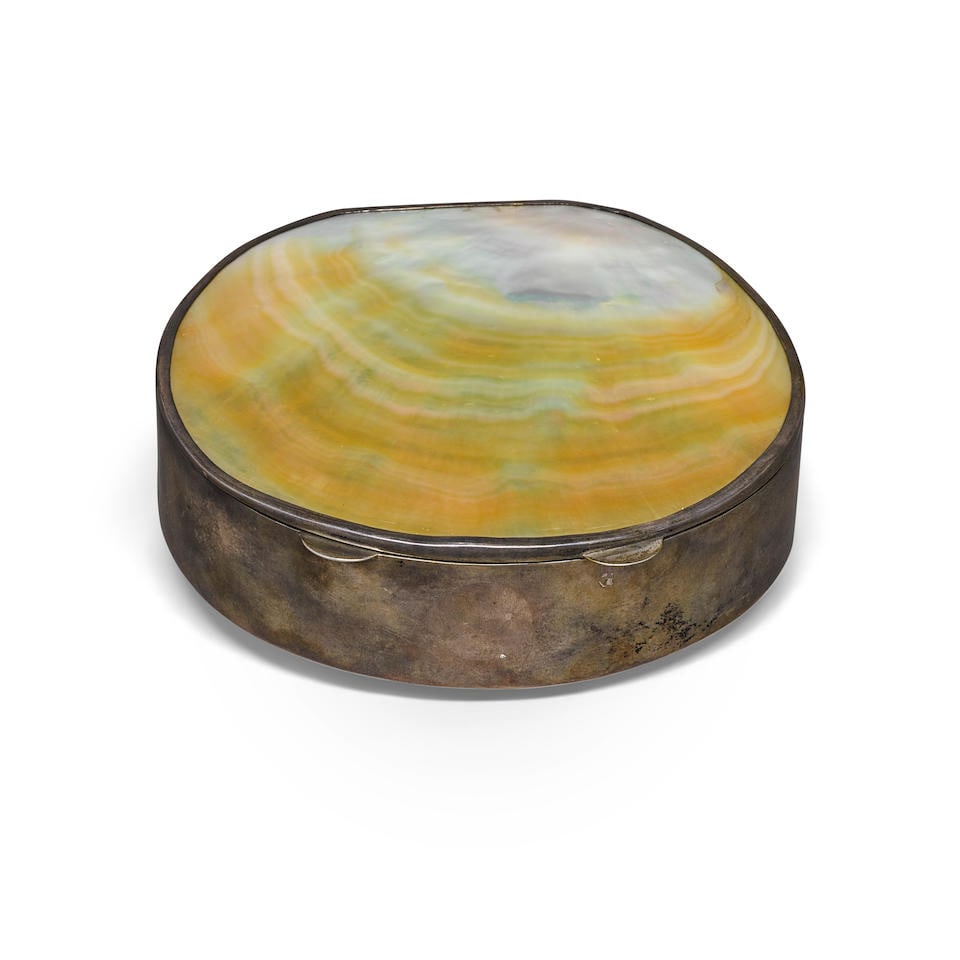 Oyster Shell and Silver Mounted Case: Oyster Shell and Silver Mounted Case Designed as an irregularly-shaped silver case, each side set with a large section of mother-of-pearl, with Portuguese hallmarks. Signed Stix for Margarite Stix. M