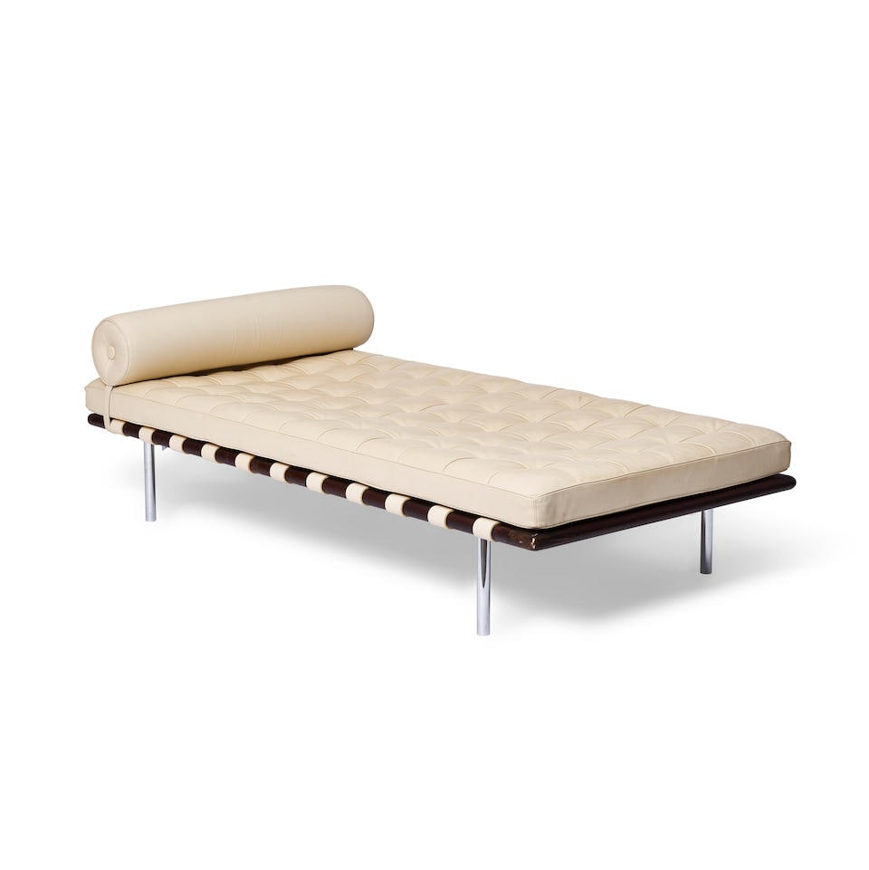 STYLE OF LUDWIG MIES VAN DER ROHE (1886-1969) Barcelona Style Daybeddesigned 1930, produced late...: STYLE OF LUDWIG MIES VAN DER ROHE (1886-1969) Barcelona Style Daybed designed 1930, produced late 20th century walnut, leather, stainless steel height 24 1/2in (62.5cm); width 37 3/4in (96cm); depth 7