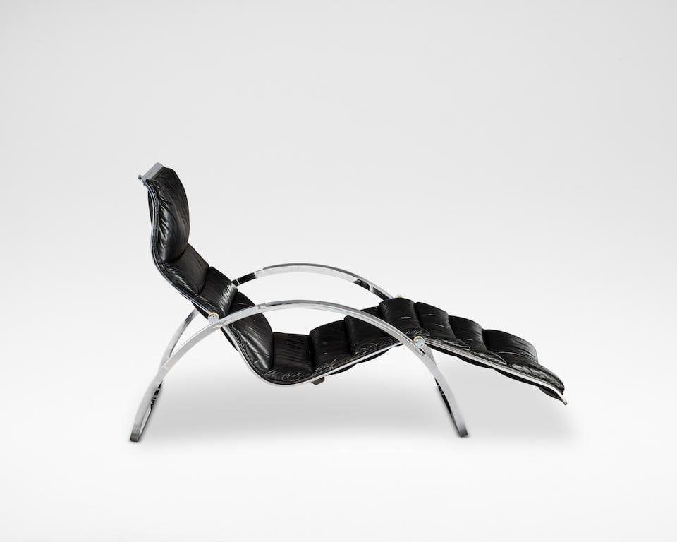 Fred Scott Chaise lounge, 1970: Fred Scott Chaise lounge, 1970 Leather, chromium-plated steel, acrylic. 75 x 175 x 70 cm Frame impressed The Duke Of Edinburgh Prize For Design 1970 Patrick Rylands. Footnotes: Provenance Patrick Ryla