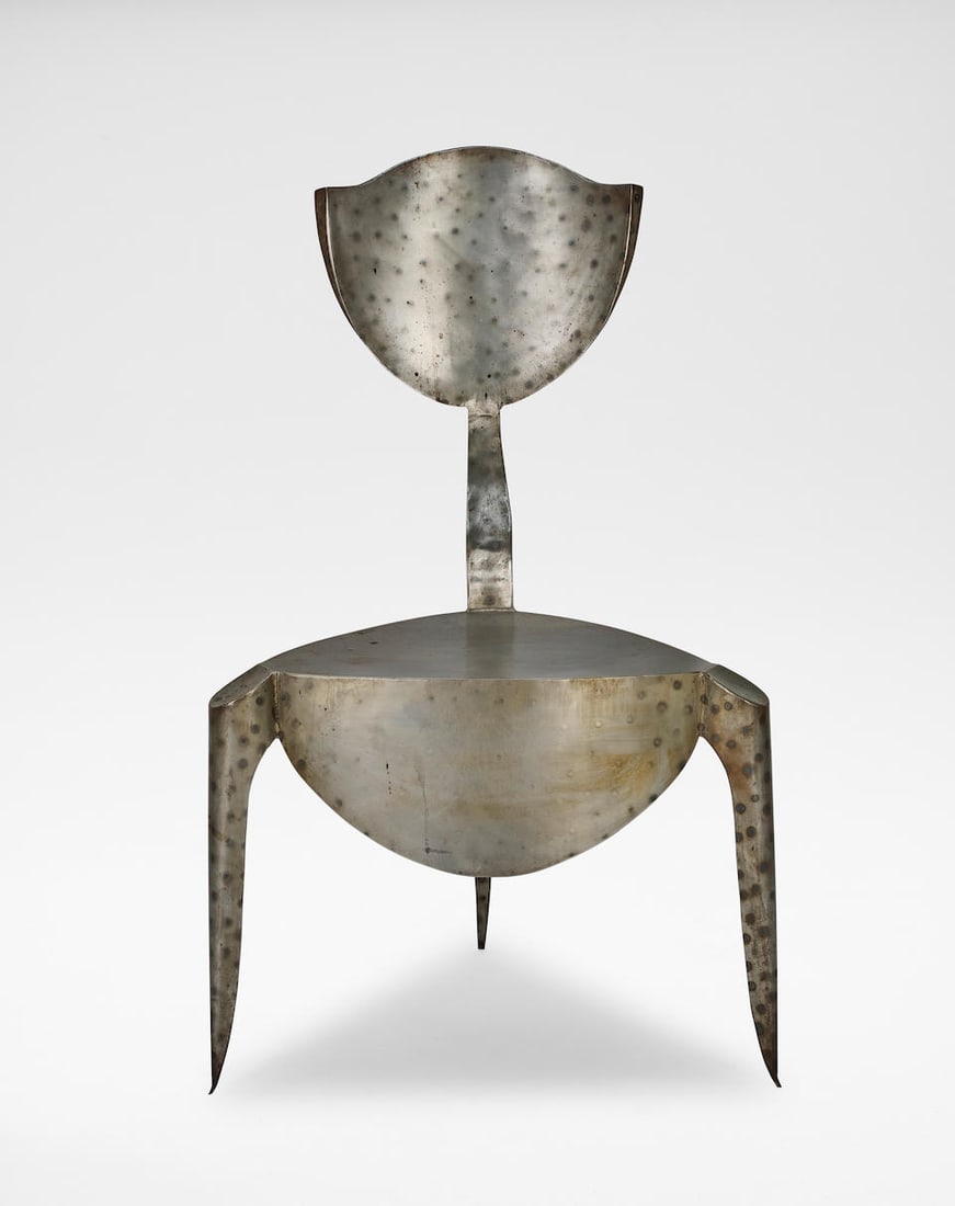 André Dubreuil 'Paris' chair, circa 1988: André Dubreuil 'Paris' chair, circa 1988 Bent, welded and torch-decorated sheet steel. 93 x 58 x 53.5 cm Produced by A. D. Decorative Arts Ltd., France. From the edition of 24. Footnotes: Provena