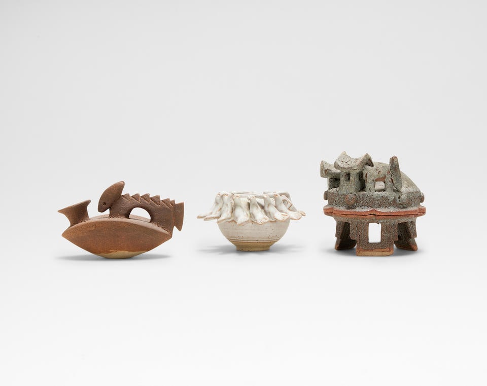 Ian Godfrey 'Pilgrim Flask with Beast', 'Pot with Birds' and 'Village Casket', 1970s-1980s: Ian Godfrey 'Pilgrim Flask with Beast', 'Pot with Birds' and 'Village Casket', 1970s-1980s 'Pilgrim Flask with Beast': Stoneware, dry brown glaze, 7 x 11.3 x 5.4 cm 'Pot with Birds': Stoneware, white