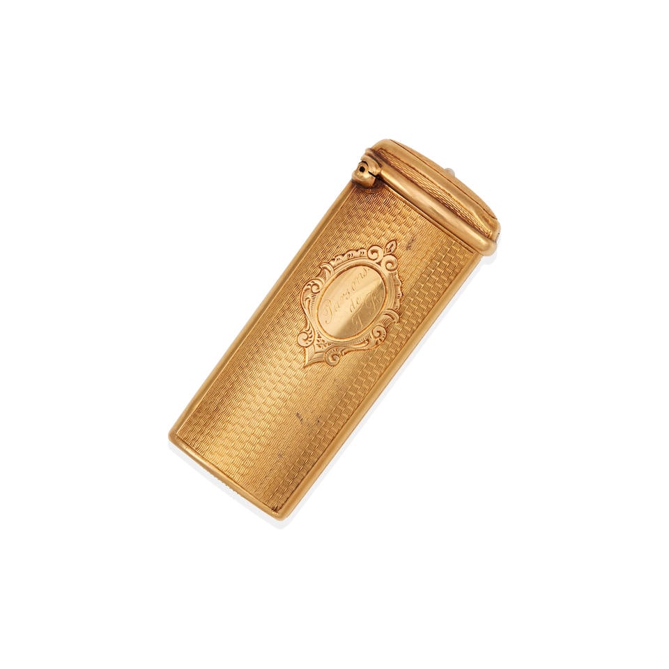 ANTIQUE 18K GOLD AND PEARL MATCHBOX: ANTIQUE 18K GOLD AND PEARL MATCHBOX • 18k yellow gold • One round seed pearl on lid • French assay marks • Measures 2 ¼ x ⅞ in. • Estimated gross weight: 23.6