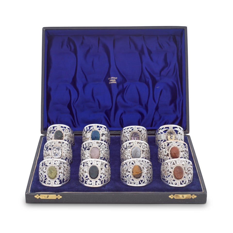 A cased set of twelve pierced silver and hardstone napkin rings Joseph Cook & Son, Birmingham 19... (1 of 1)