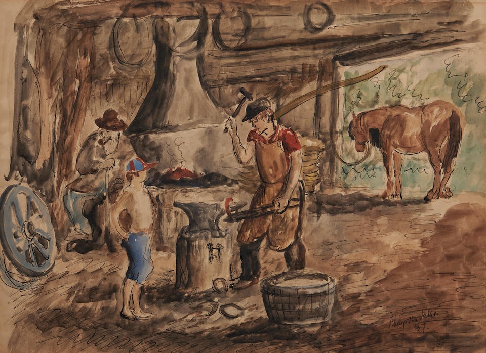 PHILIP VON SALTZA (1885-1980) THE BLACKSMITH SHOP: PHILIP VON SALTZA (1885-1980) THE BLACKSMITH SHOP Signed 'Philip von Saltza 37' lower right, identified on a Federal Works Agency label affixed to the frame backing. Watercolor on paper, sight size 16