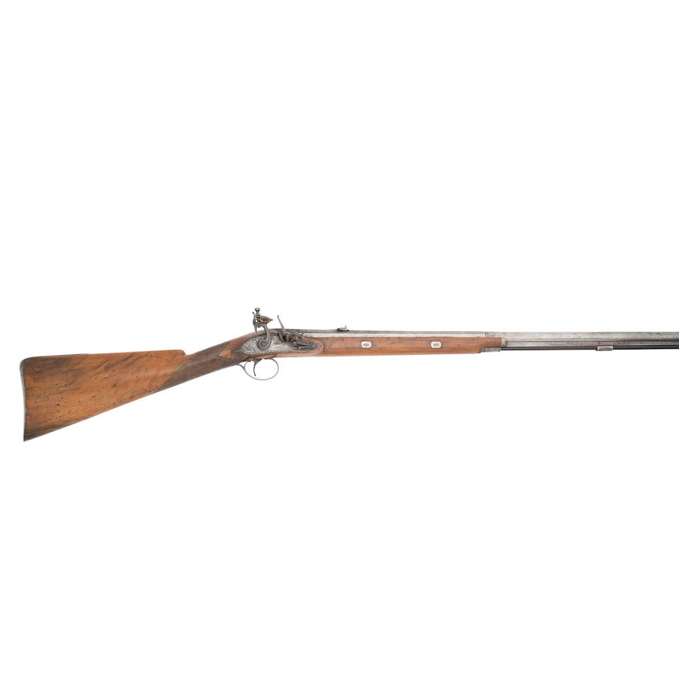 A 16-Bore Flintlock Sporting Gun For Shot Or Ball: A 16-Bore Flintlock Sporting Gun For Shot Or Ball By W.H. Wilson Of London, Circa 1815 With Spanish two-stage barrel slightly swamped towards the muzzle and with spider fore-sight framed by four silve