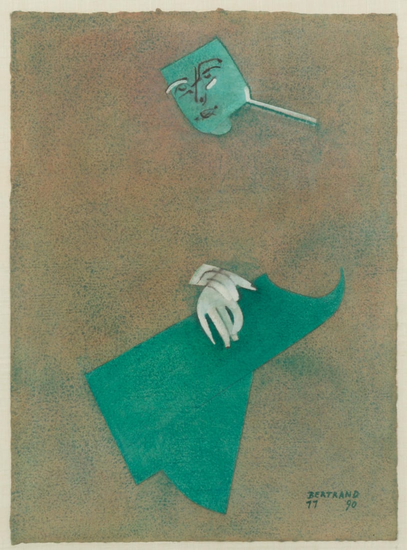 GASTON BERTRAND (1910-1994) Personnage vert aux mains blanches: GASTON BERTRAND (1910-1994) Personnage vert aux mains blanches 1990 Signé, titré et daté en bas à droite Gouache sur chiffon Getekend, getiteld en gedateerd rechtsonder Gouache op