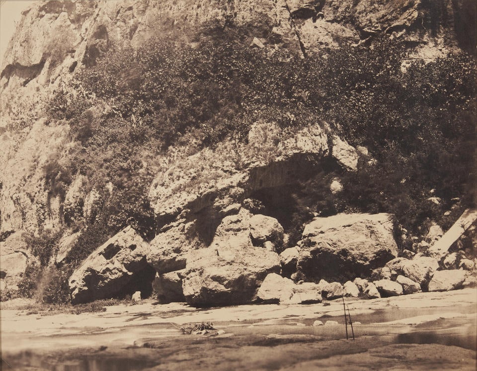 John Beasley Greene (1832-1856); Riverbank, Algeria;: John Beasley Greene (1832-1856) Riverbank, Algeria, 1855-56 Salt print from a paper negative; matted. 9 1/2 x 11 7/8 in. (24.3 x 30.2 cm) For further information on this lot please visit Bonhams.com