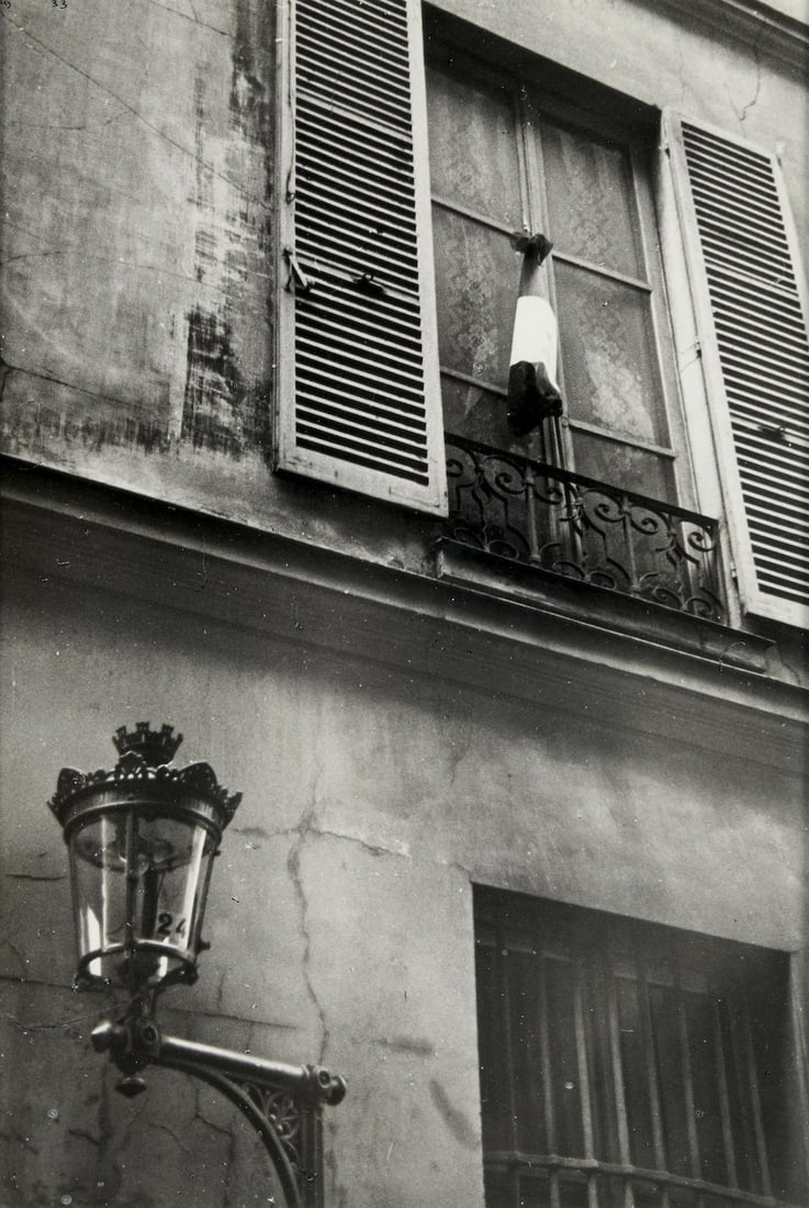 Ilse Bing (1899-1998); Window with Flag 'In Mourning' and Lamp;: Ilse Bing (1899-1998) Window with Flag 'In Mourning' and Lamp, 1933 Gelatin silver print; signed 'Isle Bing 1933' in ink upper left, signed 'Ilse Bing Paris 1933' in pencil on the verso, titled and an
