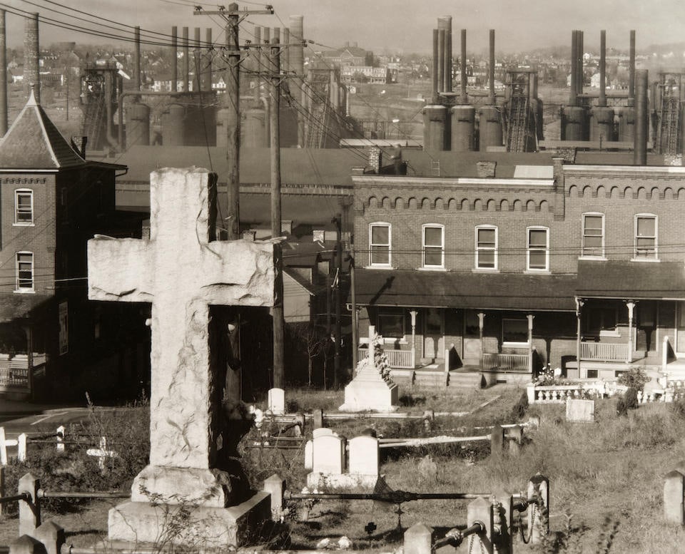 Walker Evans (1903-1975); Graveyard, Houses, and Steel Mill, Bethlehem, Pennsylvania;: Walker Evans (1903-1975) Graveyard, Houses, and Steel Mill, Bethlehem, Pennsylvania, 1935 Gelatin silver print; with FSA stamp in ink on the verso, printed under the supervision of Arthur Rothstein. 7