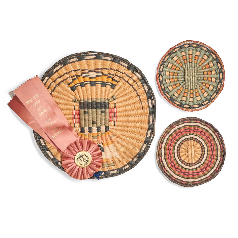 Three Hopi polychrome wicker plaques dia. 12 1/2, 7, and 7 in. (1 of 2)