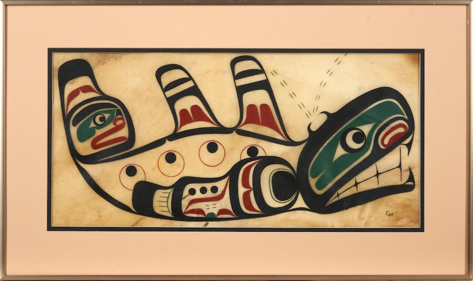Calvin Hunt Calvin A. Hunt, Kwakwaka'wakw, (b.1956) size of painting 9 x 19, size of frame 14 1/...: Calvin Hunt Calvin A. Hunt, Kwakwaka'wakw, (b.1956) Killer whale painting on hide, initialed 'CH,' lower right, framed. size of painting 9 x 19, size of frame 14 1/2 x 24 1/2 in. For further informat