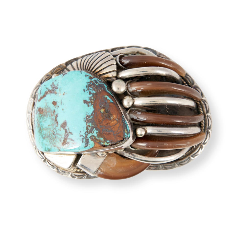 A large Southwest silver and turquoise bolo pendant lg. 3 1/2, wd. 2 3/8 in. gross weight approx... (1 of 2)