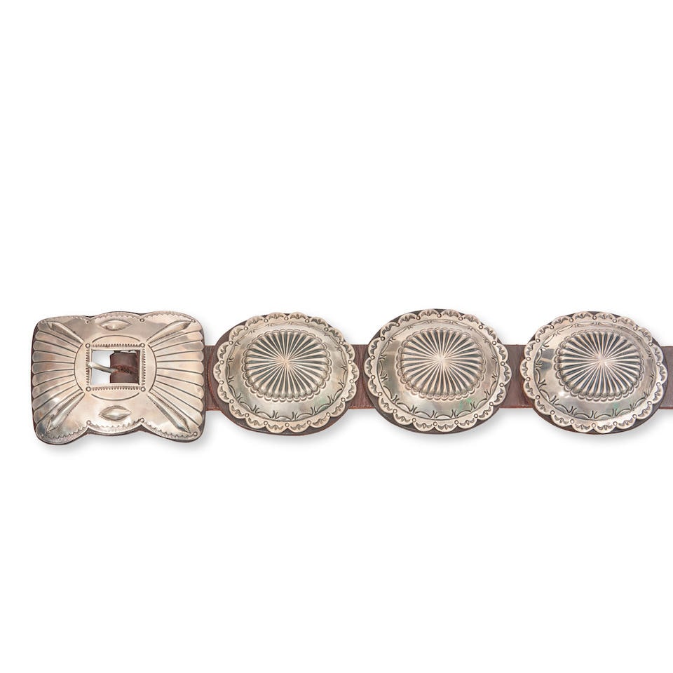 A Helen Yazzie silver concha belt size of conchas 2 3/4 x 3, size of buckle 3 x 3 3/4, lg. of be... (1 of 2)
