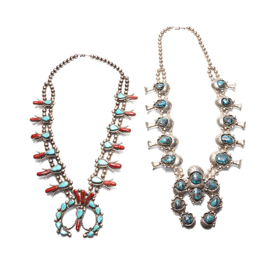 Two Southwest squash blossom necklaces lg. of necklace 28, lg. of naja 4, and lg. of necklace 27... (1 of 3)